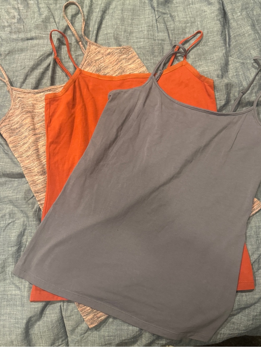 LOFT Trio Spaghetti Strap Camisoles in Slate Blue, Rust Orange, and Heather